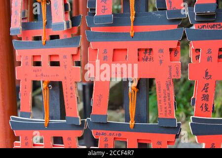 Kanagawa, Japan - Traditional wooden prayer tablet (Ema) at Tsurugaoka Hachimangu Shrine in Kamakura, Kanagawa, Japan. Stock Photo