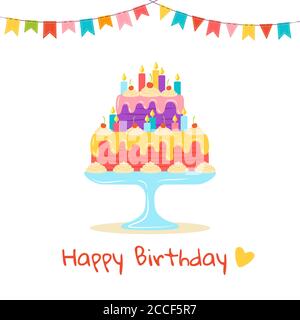 Birthday cake flat greeting. Cartoon colorful delicious dessert. Party design element, candles and chocolate slices, cream. Holiday party sweets pie. Vector illustration isolated on white background Stock Vector