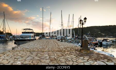 Morning view of the Spilia harbur on Meganisi island near Spartochori. Stock Photo