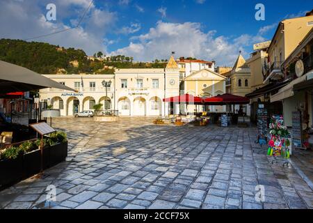 Early morning in St Marco square in Zakynthos town, Greece. Stock Photo