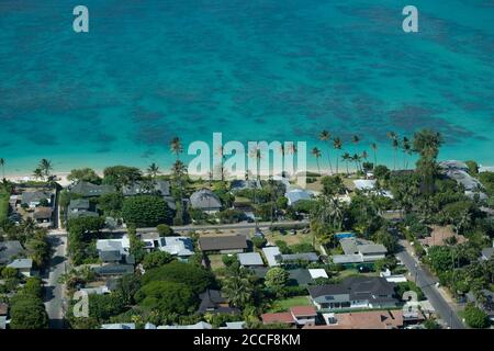 aerial drone view of lanikai beach from pill box mountain hike Stock Photo