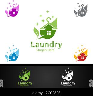 Eco Laundry Dry Cleaners Logo with Clothes, Water and Washing Concept Design Stock Vector