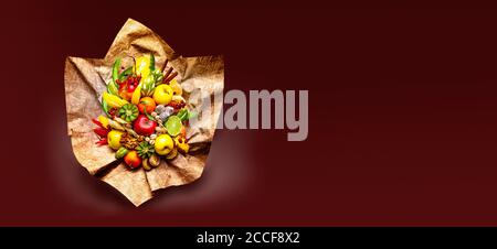 Bouquet from fruits, banner isolated on dark background Stock Photo
