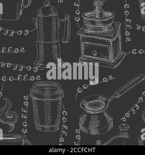 Seamless coffee pattern drawn in chalk coffee grinder coffee Cup on black background. Vector image Stock Vector