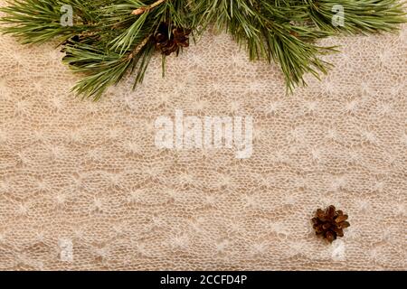 Live pine branches hang from above and a small bump at the bottom right on a knitted canvas. Stock Photo