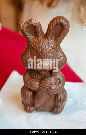 Easter chocolate bunny with a bite out of one ear Stock Photo