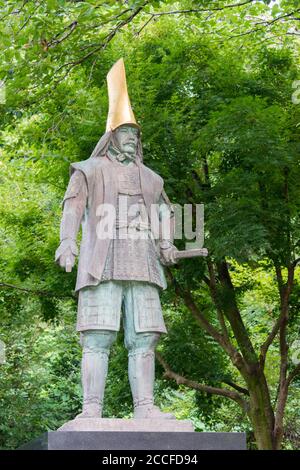 Kanazawa, Japan - Maeda Toshiie Statue at Kanazawa Castle Park in Kanazawa, Ishikawa, Japan. a famous historic site. Stock Photo