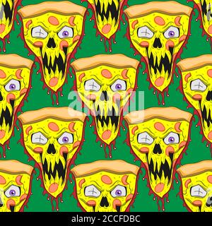 Seamless pattern of pizza character cartoon zombie on a green background. Vector image Stock Vector