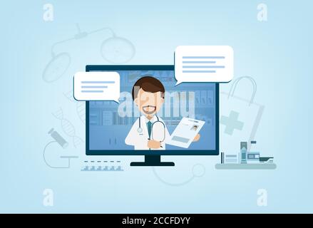 Online doctor service with doctor on computer monitor  flat design vector illustration Stock Vector