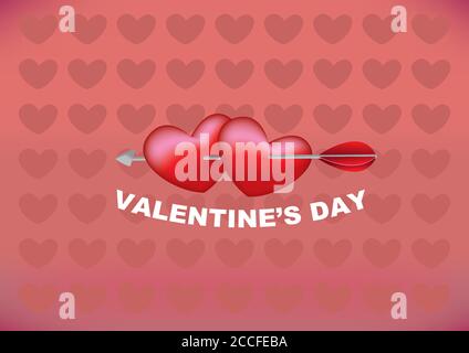 Vector illustration of an arrow shooting through two hearts with red heart shape pattern background Stock Vector