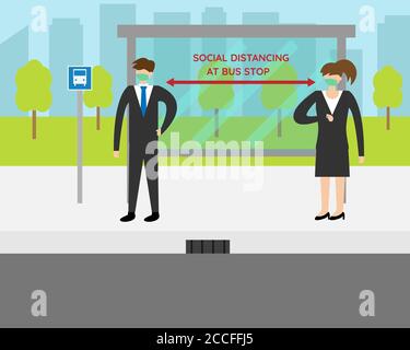 Illustration vector design of social distancing at bus stop. Male and female are waiting for bus. New normal activities. Stock Vector
