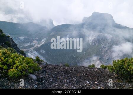 Active crater on Mount Gede (Gunung Gede) in West Java, Indonesia. Stock Photo