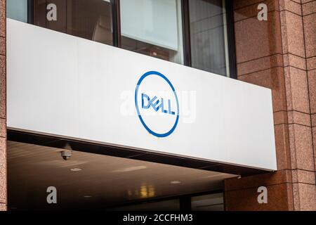 TAIPEI, TAIWAN - MAY 2 2020: Dell computer corporation logo on outside signage board. Dell Inc. is a multinational computer technology company. Stock Photo
