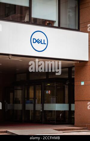 TAIPEI, TAIWAN - MAY 2 2020: Dell computer corporation logo on outside signage board. Dell Inc. is a multinational computer technology company. Stock Photo