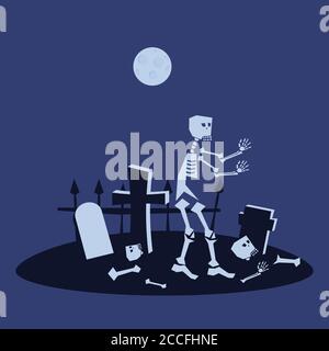 Skeleton in the cemetery, holiday Halloween, character icon, vector, illustration, isolated, cartoon styyle Stock Vector
