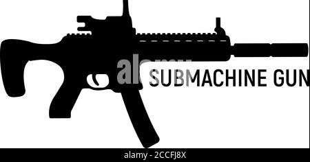 Submachine silhouette military gun with silencer, icon self defence automatic weapon concept simple black vector illustration, isolated on white. Shoo Stock Vector