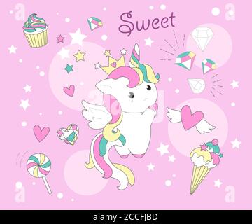 Cute Unicorn princess cartoon pony child vector, Kawaii animal character, Nursery Fairy tales magic. For greeting card, Print t shirt, fashion art. Stock Photo
