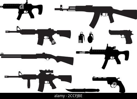 Set of weapon military rifle, revolver and desert eagle pistol, shotgun carbine, grenade, knife and submachine gun black simple icon vector illustrati Stock Vector