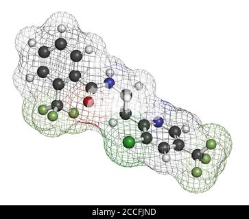 Fluopyram fungicide molecule. 3D rendering. Atoms are represented as spheres with conventional color coding: hydrogen (white), carbon (grey), nitrogen Stock Photo