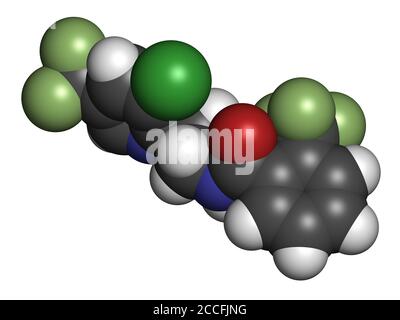 Fluopyram fungicide molecule. 3D rendering. Atoms are represented as spheres with conventional color coding: hydrogen (white), carbon (grey), nitrogen Stock Photo