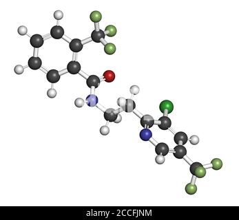 Fluopyram fungicide molecule. 3D rendering. Atoms are represented as spheres with conventional color coding: hydrogen (white), carbon (grey), nitrogen Stock Photo