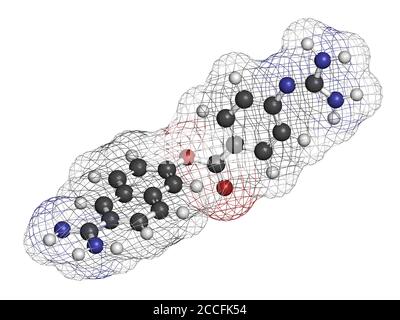 Nafamostat drug molecule (serine protease inhibitor). 3D rendering. Atoms are represented as spheres with conventional color coding: hydrogen (white), Stock Photo