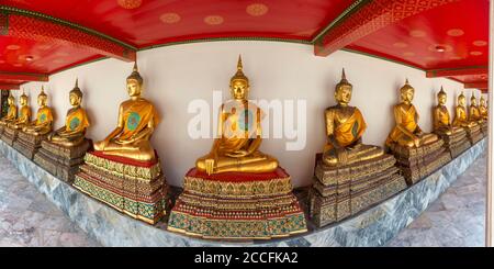 Gilded Buddha statues (Bhumispara-mudra: Buddha Gautama at the moment of enlightenment), Wat Pho, Bangkok, Thailand, Asia Stock Photo