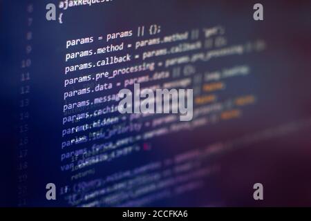HTML5 in editor for website development. Website HTML Code on the Laptop Display Closeup Photo. Modern tech. Innovative startup project. Stock Photo