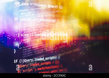 HTML5 in editor for website development. Website HTML Code on the Laptop Display Closeup Photo. Modern tech. Innovative startup project. Stock Photo