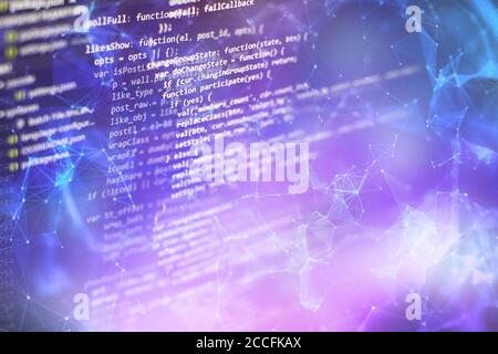 SEO optimization. Modern tech. PHP syntax highlighted. Writing programming functions on laptop. Big data and Internet of things trend. Stock Photo