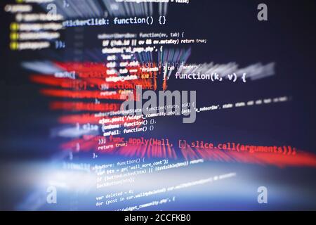 HTML5 in editor for website development. Website HTML Code on the Laptop Display Closeup Photo. Modern tech. Innovative startup project. Stock Photo