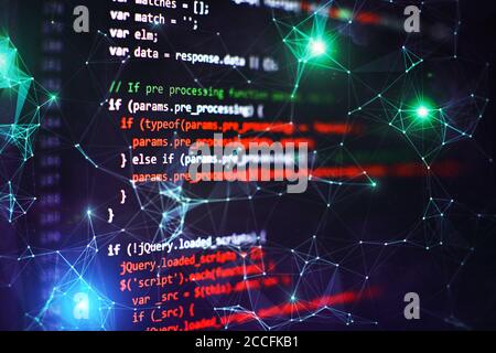 SEO optimization. Modern tech. PHP syntax highlighted. Writing programming functions on laptop. Big data and Internet of things trend. Stock Photo