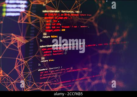 SEO optimization. Modern tech. PHP syntax highlighted. Writing programming functions on laptop. Big data and Internet of things trend. Stock Photo