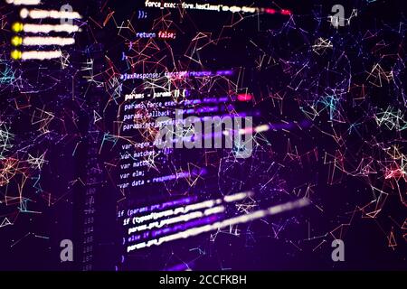 SEO optimization. Modern tech. PHP syntax highlighted. Writing programming functions on laptop. Big data and Internet of things trend. Stock Photo