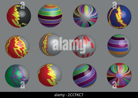 Different Color and Ornament Pattern Balls 3D Illustration Stock Vector