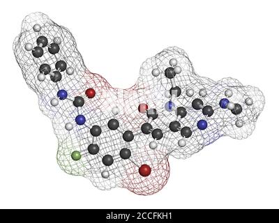 Ripretinib cancer drug molecule. 3D rendering. Atoms are represented as spheres with conventional color coding: hydrogen (white), carbon (grey), nitro Stock Photo