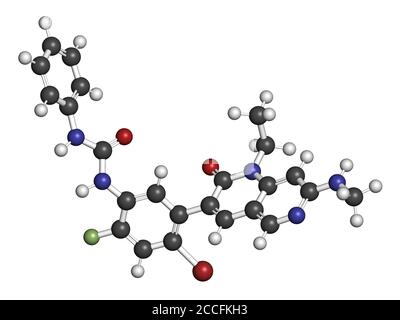 Ripretinib cancer drug molecule. 3D rendering. Atoms are represented as spheres with conventional color coding: hydrogen (white), carbon (grey), nitro Stock Photo