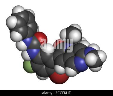 Ripretinib cancer drug molecule. 3D rendering. Atoms are represented as spheres with conventional color coding: hydrogen (white), carbon (grey), nitro Stock Photo