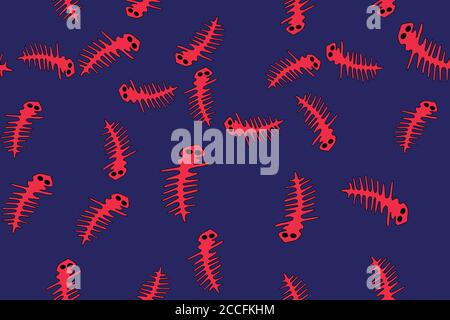 Red Contour Lizards Seamless Pattern on Blue Background Stock Vector