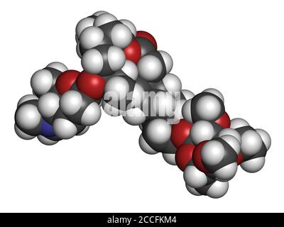 Spinetoram insecticide molecule. 3D rendering. Atoms are represented as spheres with conventional color coding: hydrogen (white), carbon (grey), nitro Stock Photo