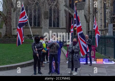 London,England.British Overseas Passport Holders demonstrate for their rights and solidarity outside the UK Parliament on the eve of the United Kingdom's exit from the European Union at 11 pm on Friday 31st January 2020, based on the referndum from June 23rd, 2016. Stock Photo