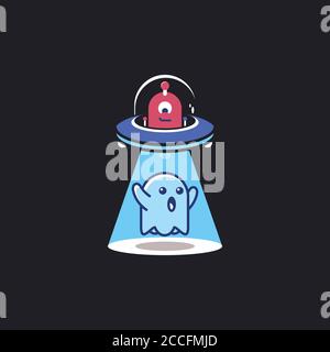 Ufo in the night sky abducts ghost. Flying saucer. Vector illustration Stock Vector