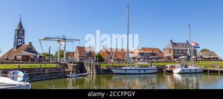 Hindeloopen, Friesland, Netherlands - August 5, 2020: Panoramic view of the picturesque fishing village Hindeloopen in Friesland in the Netherlands Stock Photo