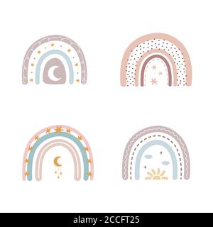 Trendy rainbows in boho style in different color. Rainbows with cloud, sun, stars and moon. Children illustrations for holidays. Doodle art elements Stock Vector