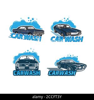 set of logos for car washing on a white background. Car logos. Logos of car cleaning. Blue logos of car washing on a white background.EPS 10 Stock Vector