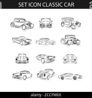 Set of classic car outline logo, emblems, badges and icons. Service car repair, car restoration and car club design elements. Vector. Stock Vector