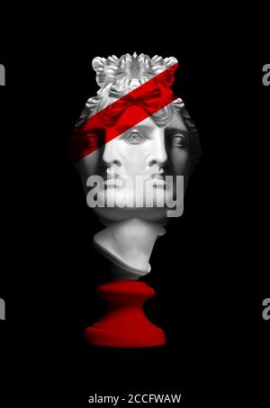 Gypsum statue of Apollo's head. Man. Statue. Head. Apollo Belvedere. Black Lives Matter. Mutation. Collage. Black and white photo Stock Photo