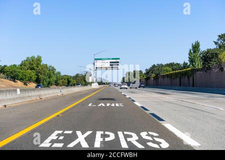 Aug 8, 2020 San Ramon / CA / USA - Designated express lane on a freeway in San Francisco Bay Area; Express lanes help manage lane capacity by allowing Stock Photo