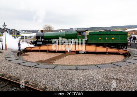 Ex-GWR steam loco 6960 'Raveningham Hall' on the turntable at Minehead, West Somerset Railway Spring Gala, England, UK