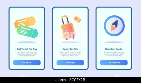 trip or travel concept with ticket luggage and compass for mobile apps template banner page UI with three variations modern flat color style Stock Vector